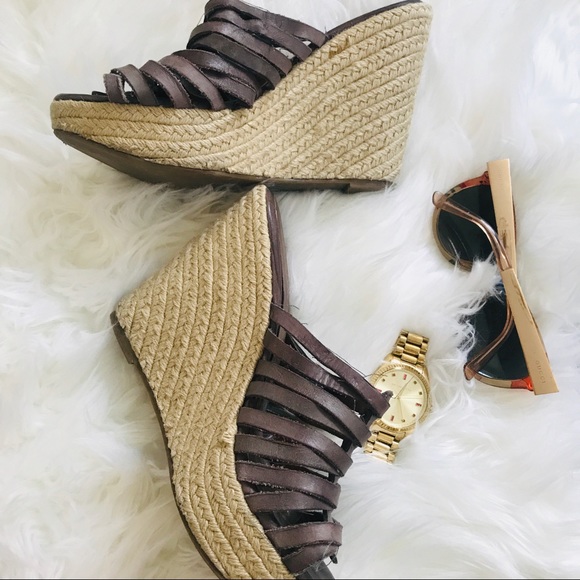 me too Shoes - Me Too Strappy Wedge Sandals Brown Espadrille Size 7.5